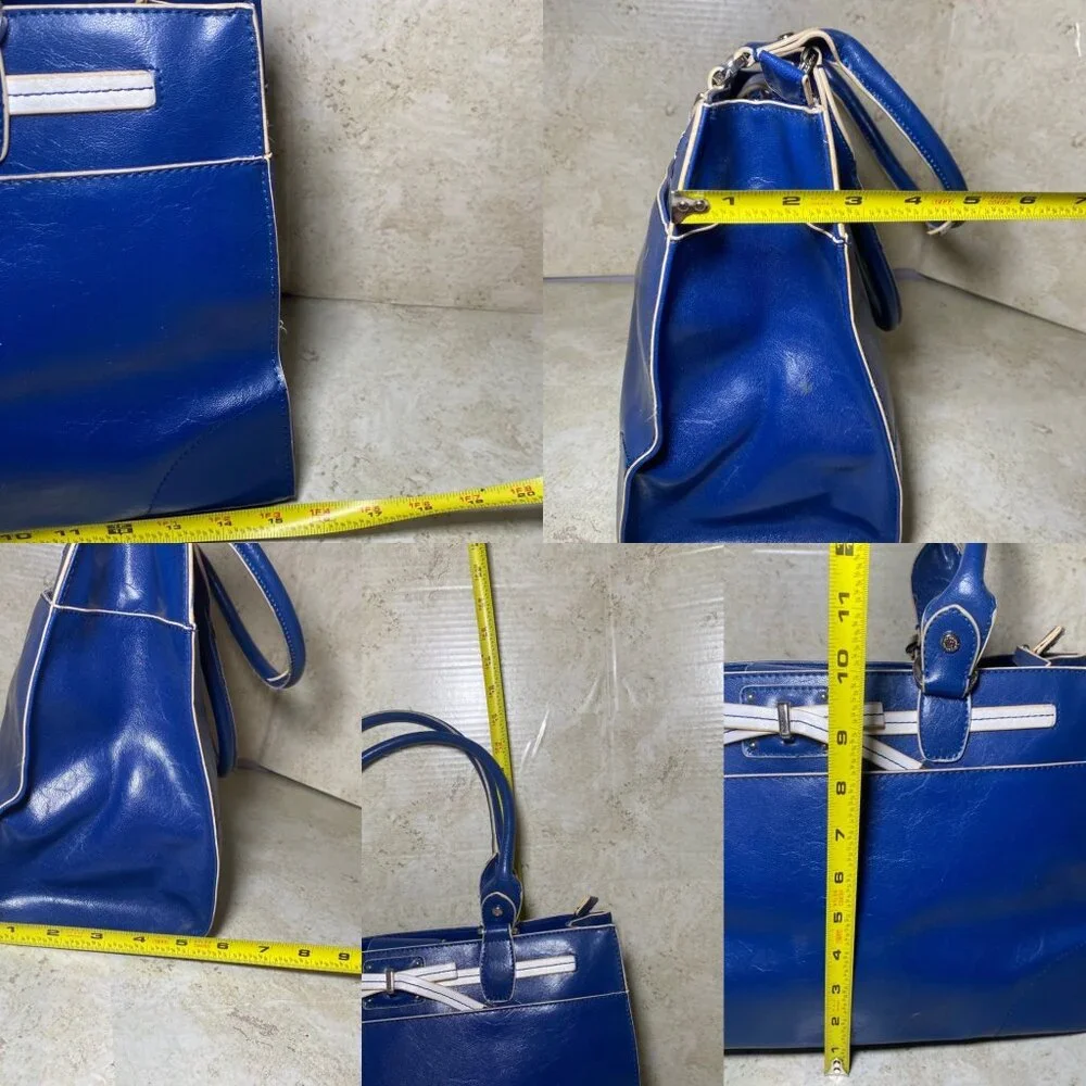 Vtg Liz Claiborne Blue Faux Leather Handbag With White Accent Bow & Dual Handles